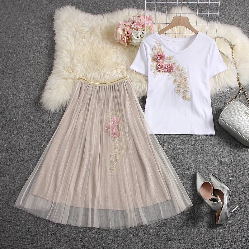 ALPHALMODA, модные футболки с цветочной аппликацией+ юбка до середины икры с цветочным рисунком, женские летние аккуратные модные комплекты с тяжелой юбкой