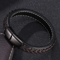 classic men bracelets black brown braided leather bangles stainless steel fashion wristband simple hand jewelry male gift bb0012