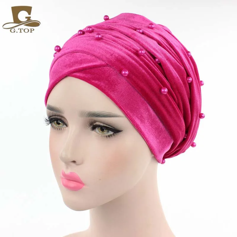 HOT PINK Роскошный перламутровый бархатный тюрбан длинный головной платок хиджаб для мусульманок банданы аксессуары для волос - Цвет: HOT PINK