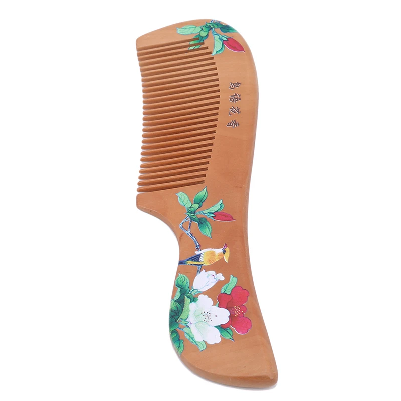 Handle bird flower 1PC Peach Wood Hairbrush Ventilation Comb For Salon Family Use Hairdressing Beauty anti-static Massage Scalp Comb - Цвет: Handle bird flower