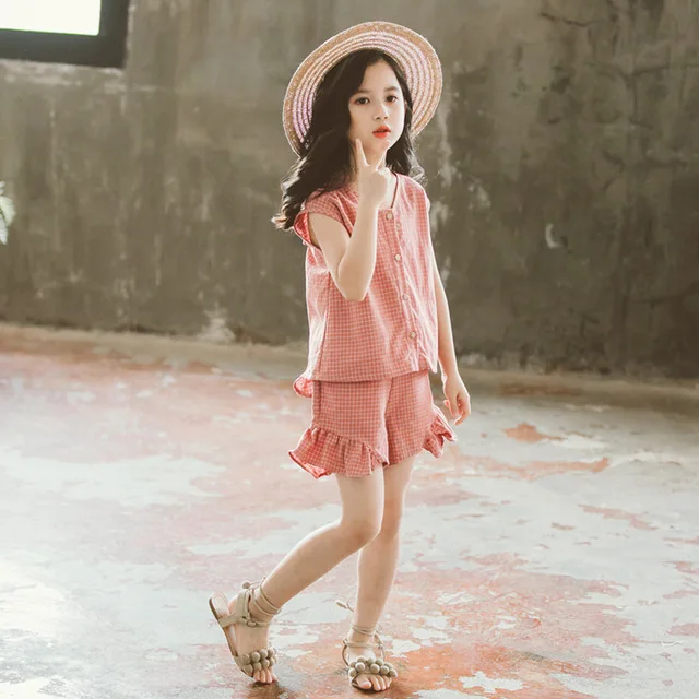 Летние комплекты для больших девочек модный корейский Клетчатый жилет без