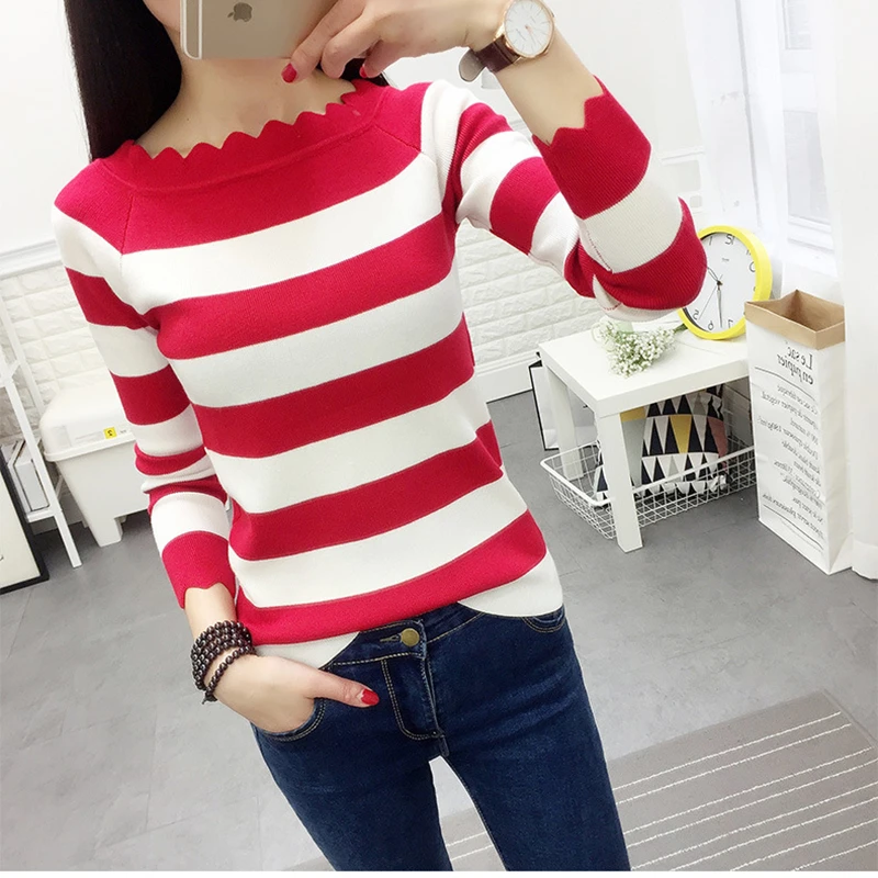 Фото 2017 new hot sale women's spring autumn knit pullover sweaters woman Wave collar striped sweater 3 colors Женская одежда 2017 new hot sale women's spring autumn knit pullover sweaters woman Wave collar striped sweater 3 colors Женская одежда
