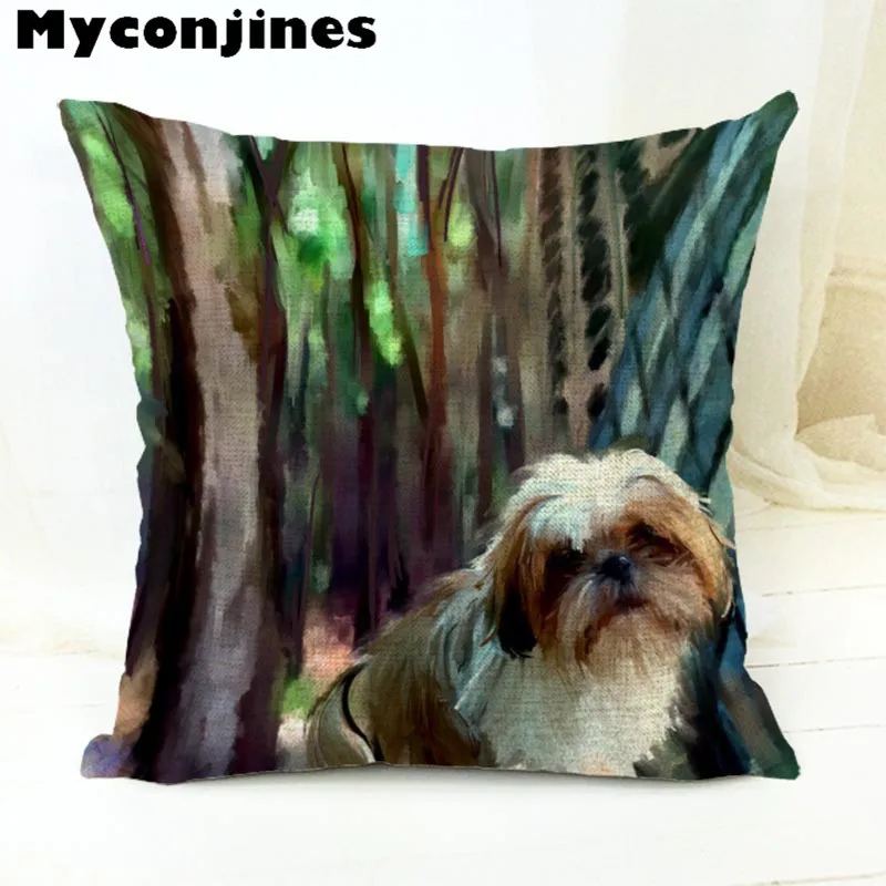 Милая мультяшная собачка, картина маслом, Shih Tzu, Наволочка на подушку, 17 дюймов, льняная декоративная домашняя подушка для сиденья автомобиля, осенняя подушка для леса