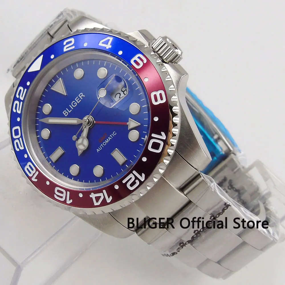 

Sapphire Crystal BLIGER 40MM Blue Dial Men's Watch GMT Function Red Blue Bezel Luminous Automatic Movement Wrist Watch