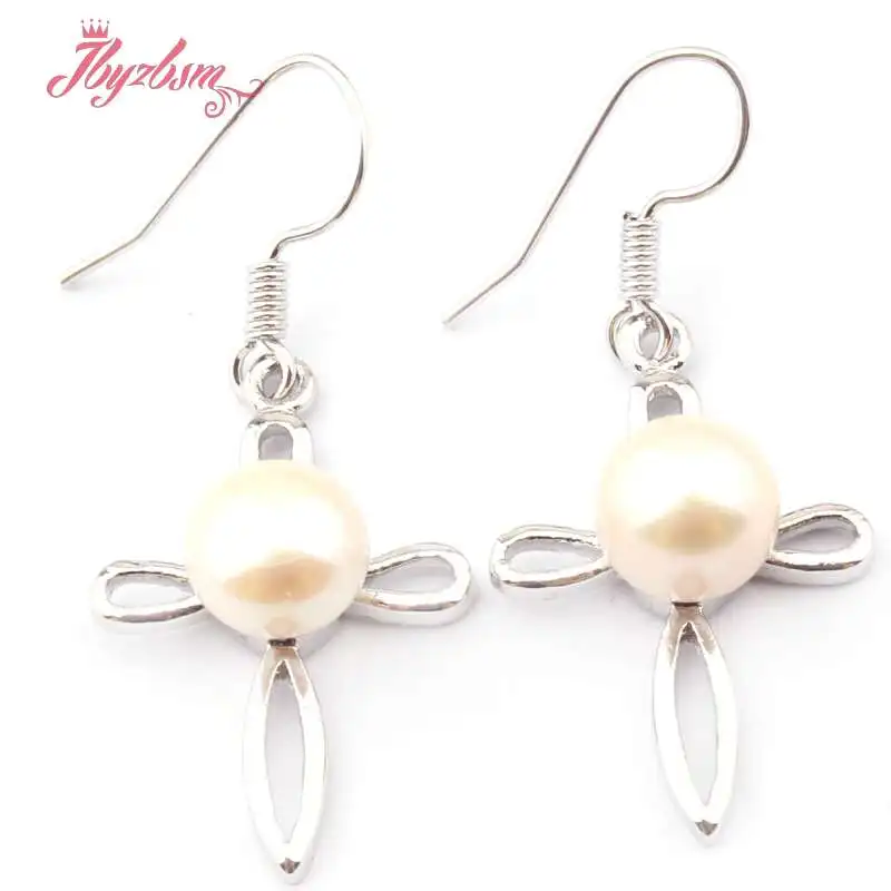 

7mm Round Genuine Freshwater Pearl Beads Natural Stone Beads Cross Silver Plated Dangle Hook Woman Earrings 1 Pair Free Shipping