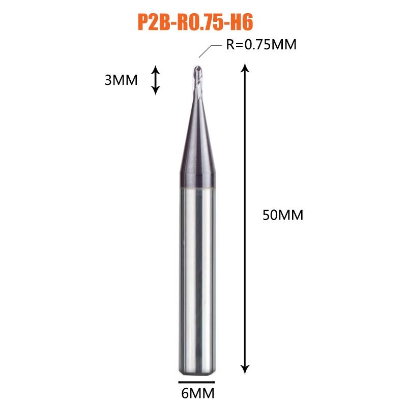 1PC-P2B-R0.75 1 шт. торцевая фреза с шариковым концом 2 флейты R0.5-R6.0 фрезерный станок с ЧПУ для обработки металлических граней и пазов hrc50 концевые фрезы с покрытием - Длина режущей кромки: 1PC-P2B-R0.75