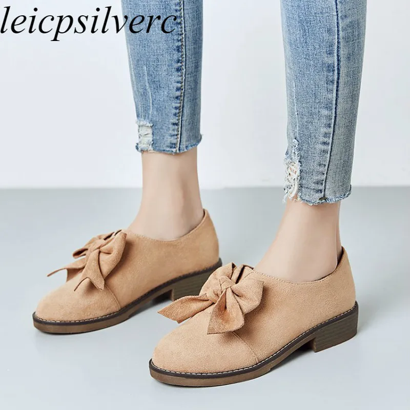 Женские туфли-лодочки на низком каблуке весенне-осенние туфли из флока с круглым