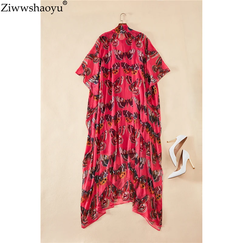 

Ziwwshaoyu Autumn Designer Maxi Dress Women's High Quality Batwing Sleeve Rose Pink Butterfly Printed Holiday Loose Long Dress