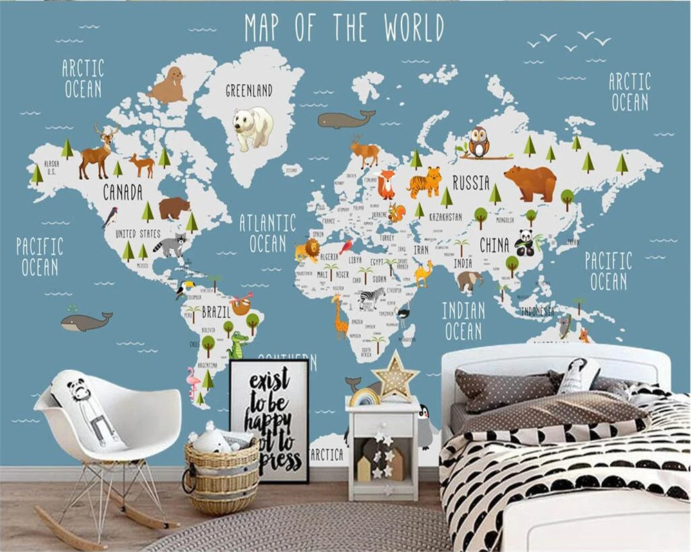 Papel de Parede Personalizado dos Desenhos Animados Mapa do Mundo Mural Fundo da Parede Decoração do Quarto das Crianças Mapa Balão de ar Quente 3d Papel de Parede