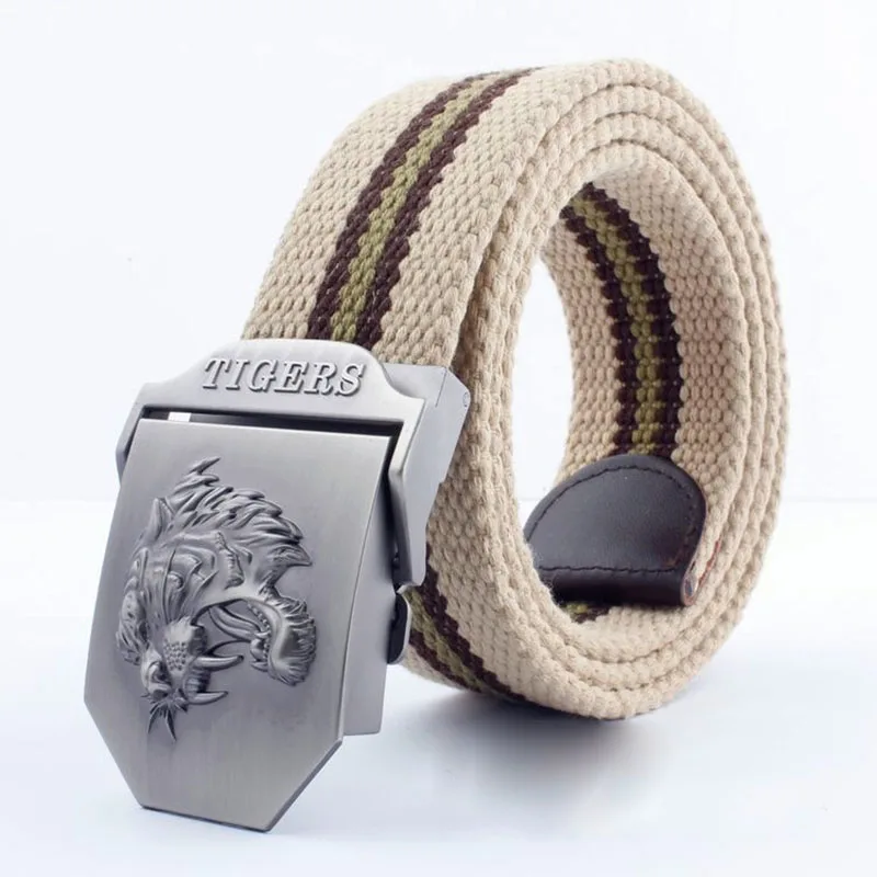 M Beige stripe Лучший YBT настоящий полосатый взрослый Повседневный модный унисекс тигровый кожаный ремень холщовый ремень мужской ремень из сплава с автоматической пряжкой вязаный ремень - Цвет: M Beige stripe
