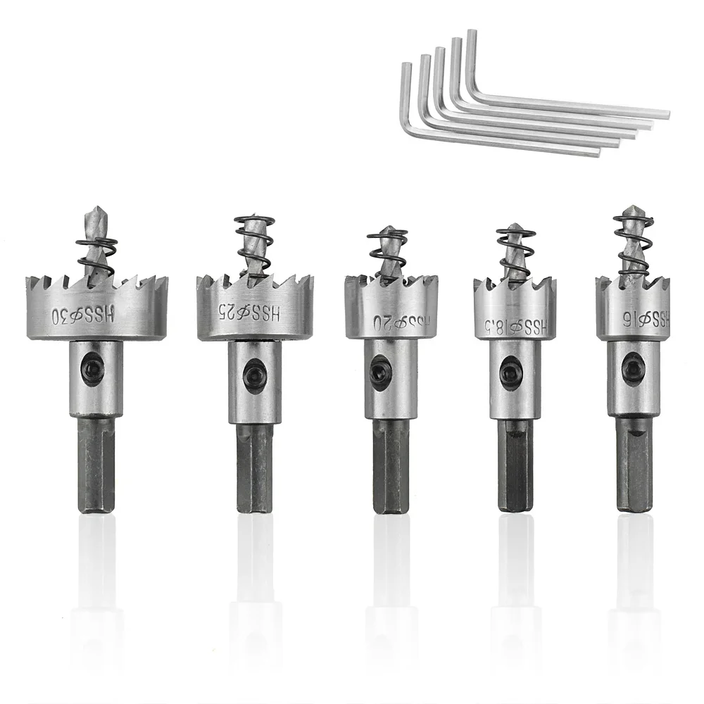 Silver Drill Bit NEWACALOX 5 шт./компл. 16-30 мм набор корончатых Сверл Из наконечник Сверла по металлу Титан отверстия для бутылок набор кольцевая пила Резак из быстрорежущей инструментальной стали для обработки металла дерево сверления отверстий - Цвет: Silver Drill Bit