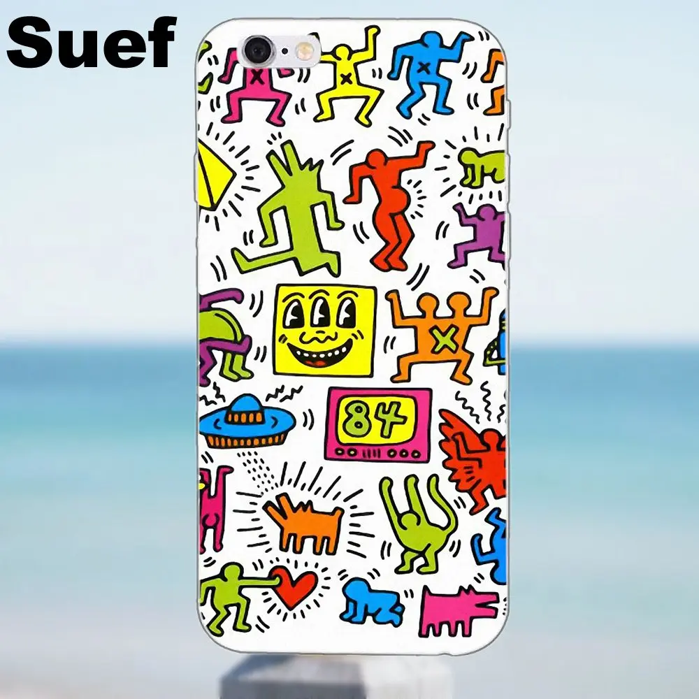 Suef Funny Keith Haring работает для iPhone X 4 4S 5 5S 5C SE 6 6S 7 8 Plus Galaxy J1 J3 J5 J7 A3 A5 2016 2017 мягкий TPU