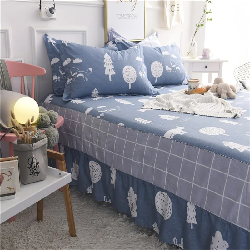 Cute Blue +White Cartoon Tree Pattern Bed Skirt Cotton Breathable Multi-Color Covering Painting 3pcs Bedding Sets Pillowcase |