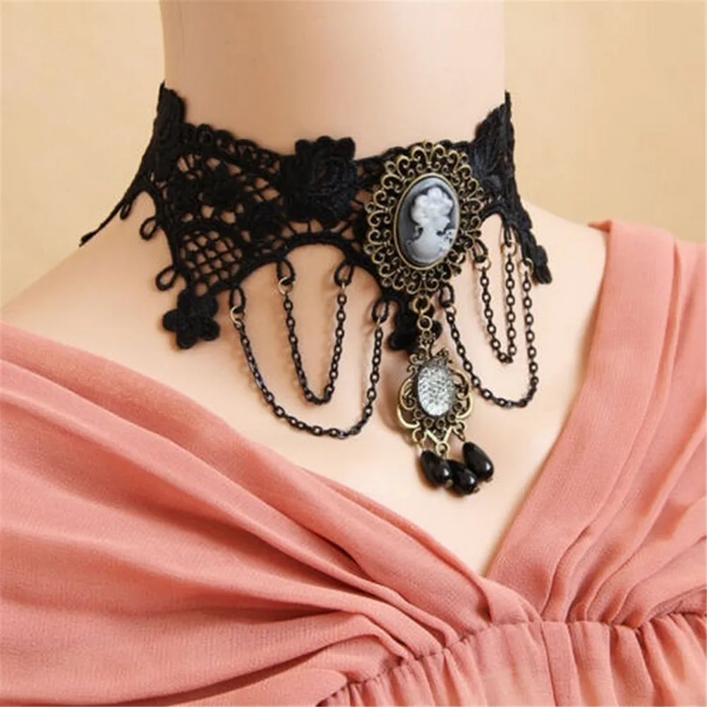 Женский черный кружевной чокер с бусинами Воротник Ожерелье Королева Аватар