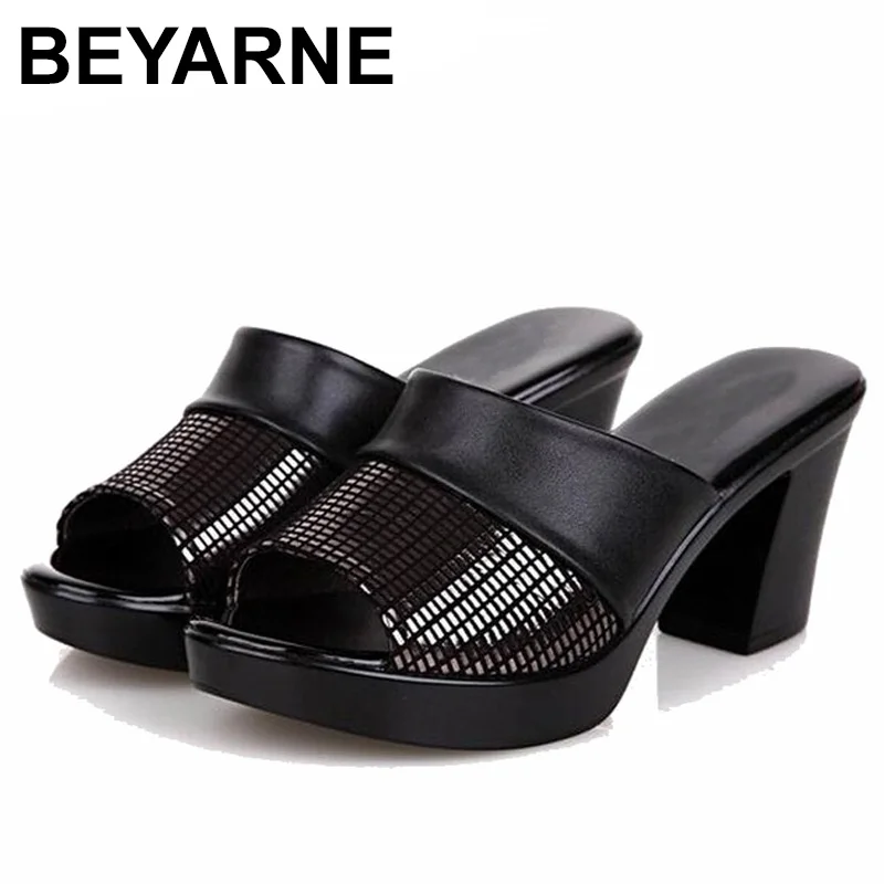 

BEYARNE2019new women sandals women slippers genuine leather thick high-heeled color block decoration open toe women sandals E280