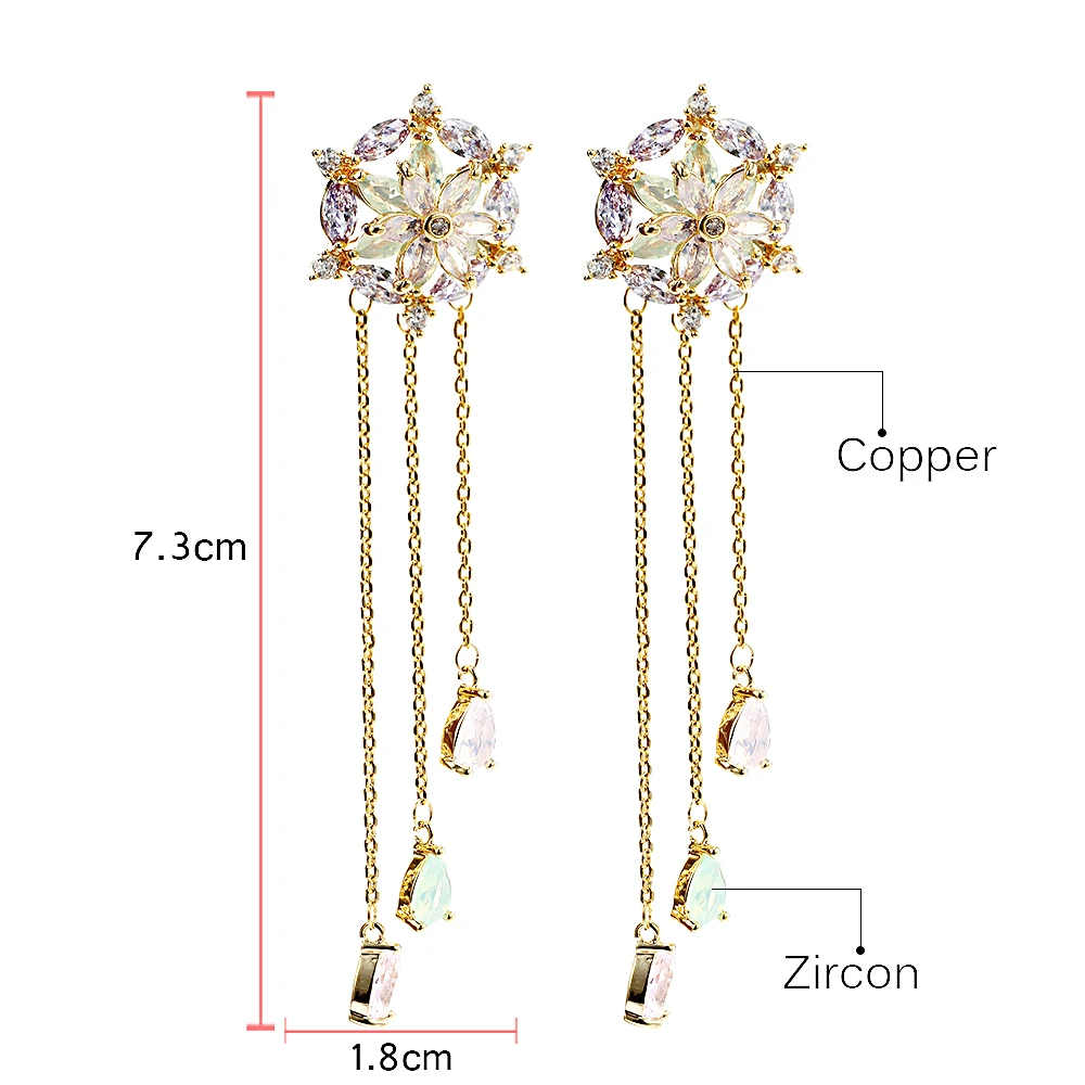 Long Chains Earrings for Office Ladies with Full AAA+ Cubic Zirconia Zircon Earring Flower Wedding Party Gift Female New Fashion | Украшения