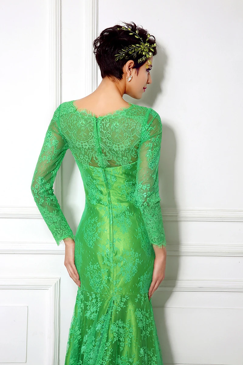 Недорогое высококачественное зеленое кружевное вечернее платье-Русалка с