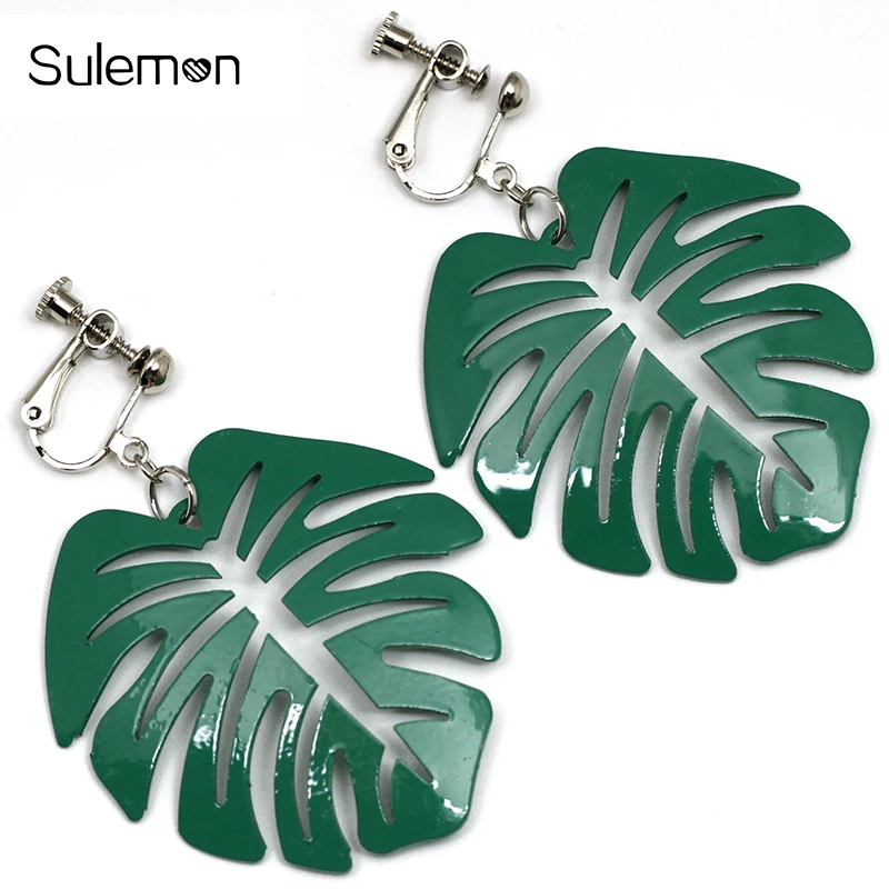 Серьги клипсы с зелеными листьями для ушей без отверстий корейские серьги в