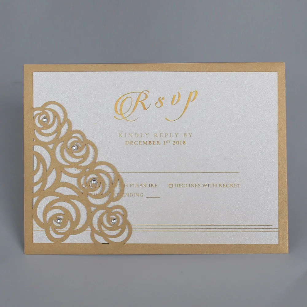 

Laser Cut Rose Wedding Invitations Luxury Wedding Invite Gold Pocket Invitation Cards - Set of 50