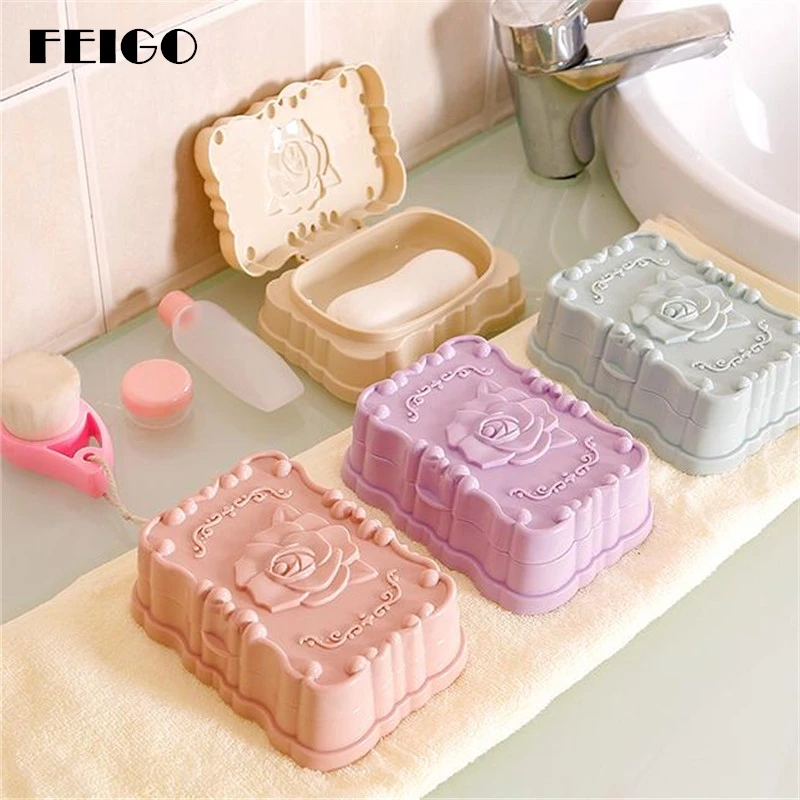 

FEIGO Hot Sale Romantic Rose carved Soap Dish Box Case Holder Wash Dust-proof Shower Home Soap Dish Bathroom Accessories Set F24