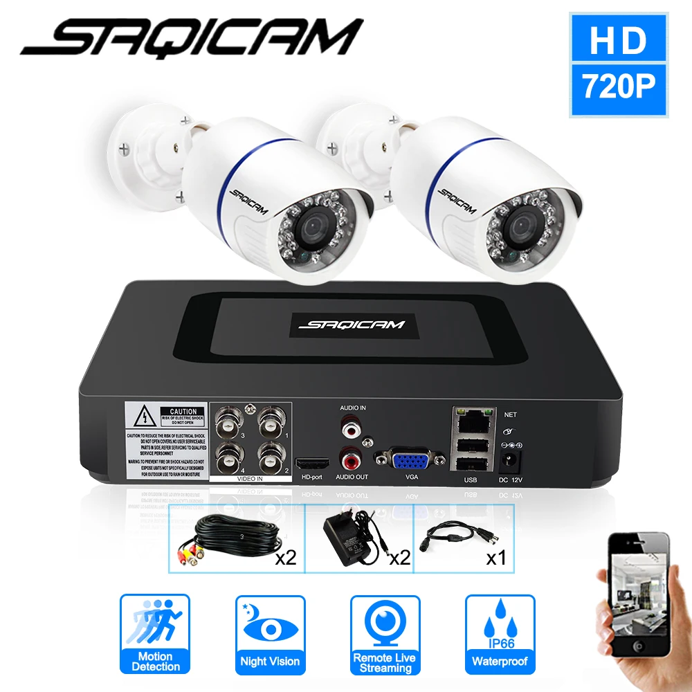 Saqicam 4CH CCTV камера система 720P 1080N CCTV DVR 2 шт. 1200TVL IR Водонепроницаемая наружная камера безопасности домашний комплект видеонаблюдения
