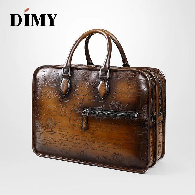 DIMY рука патина кожаная сумка голландская телячья кожа мужские Портфели Бизнес двойная молния сумки на плечо для джентльмена D9161 - Цвет: Tobacco LETTERING