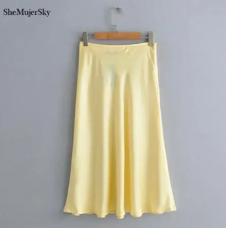 yellow skirt SheMujerSky Сатиновые юбки женские миди юбки с молнией Твердые Высокая талия элегантные тонкие faldas mujer moda - Цвет: yellow skirt