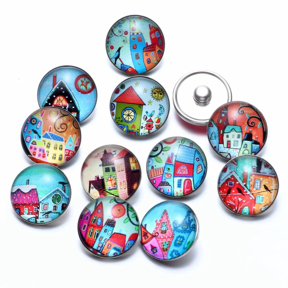 12pcs/lot Fairytale Town Theme Glass Charms 18mm Snap Button Jewelry For Snaps Bracelet KZ0683|18mm snap button jewelry|snap jewelrybutton jewelry |
