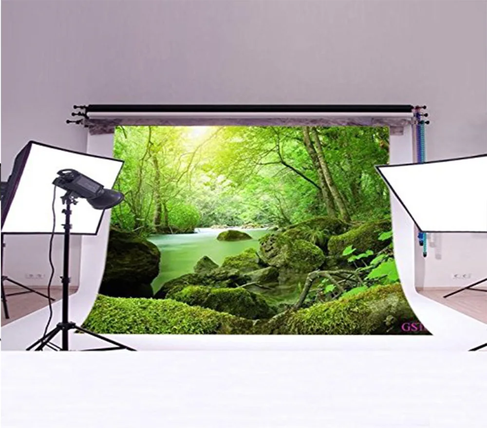 Фотофон фотостудия реквизит зеленый лес и река фотография бесшовная моющаяся