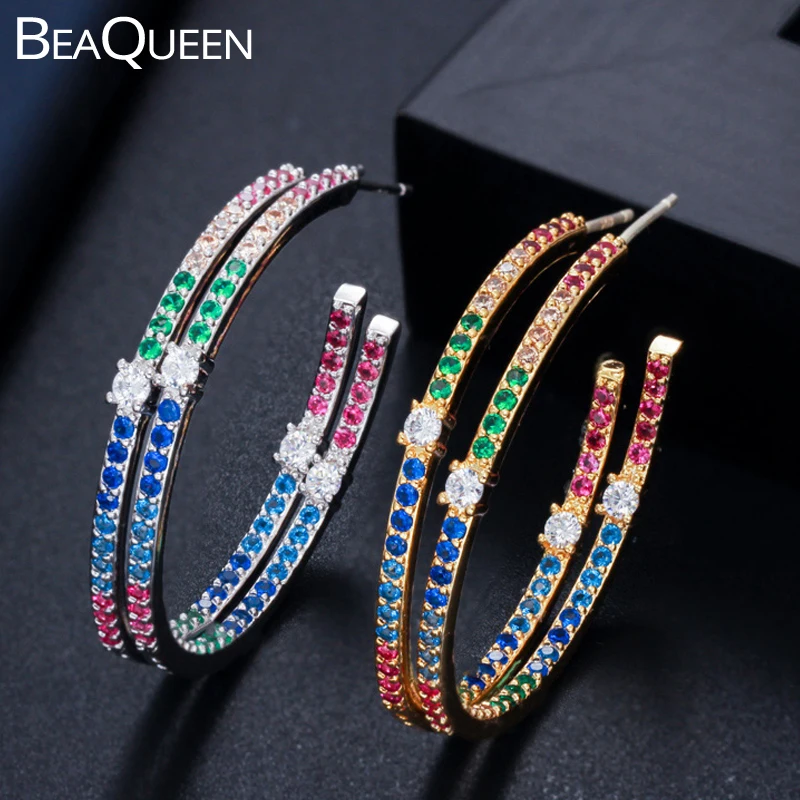 

BeaQueen Потрясающие женские разноцветные кубические циркониевые ювелирные изделия радужные разноцветные большие круглые серьги-кольца для ж...
