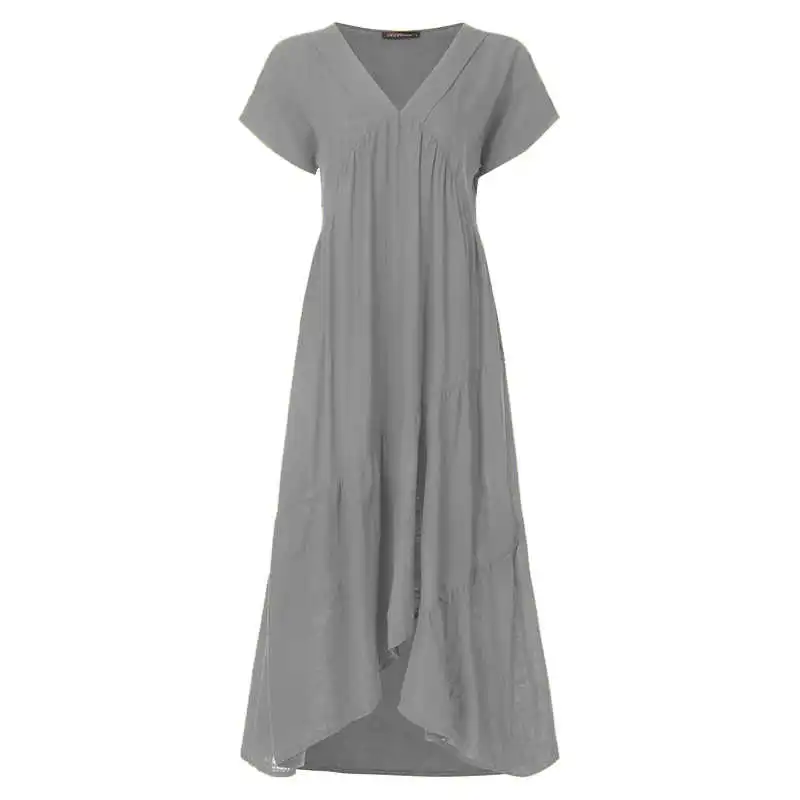 Серый Fashion Tunic Midi Dress Women's Summer Sundress ZANZEA Sexy V Neck Asymmetrical Vestidos Female Plus Size Ruffle Robe - Цвет: Серый