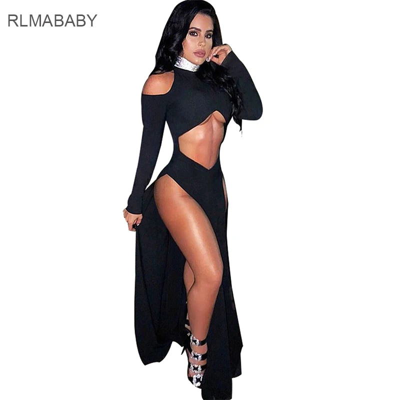 Rlmababy пикантные открытыми плечами выдалбливают черный длинное платье водолазка