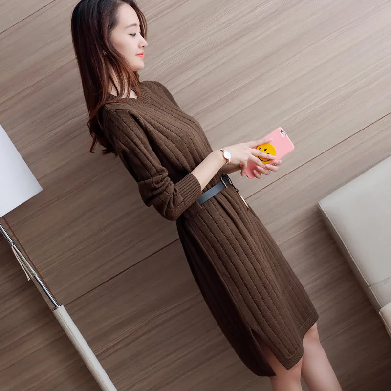 Женское трикотажное платье-свитер 2018 осень зима новый длинный Повседневный