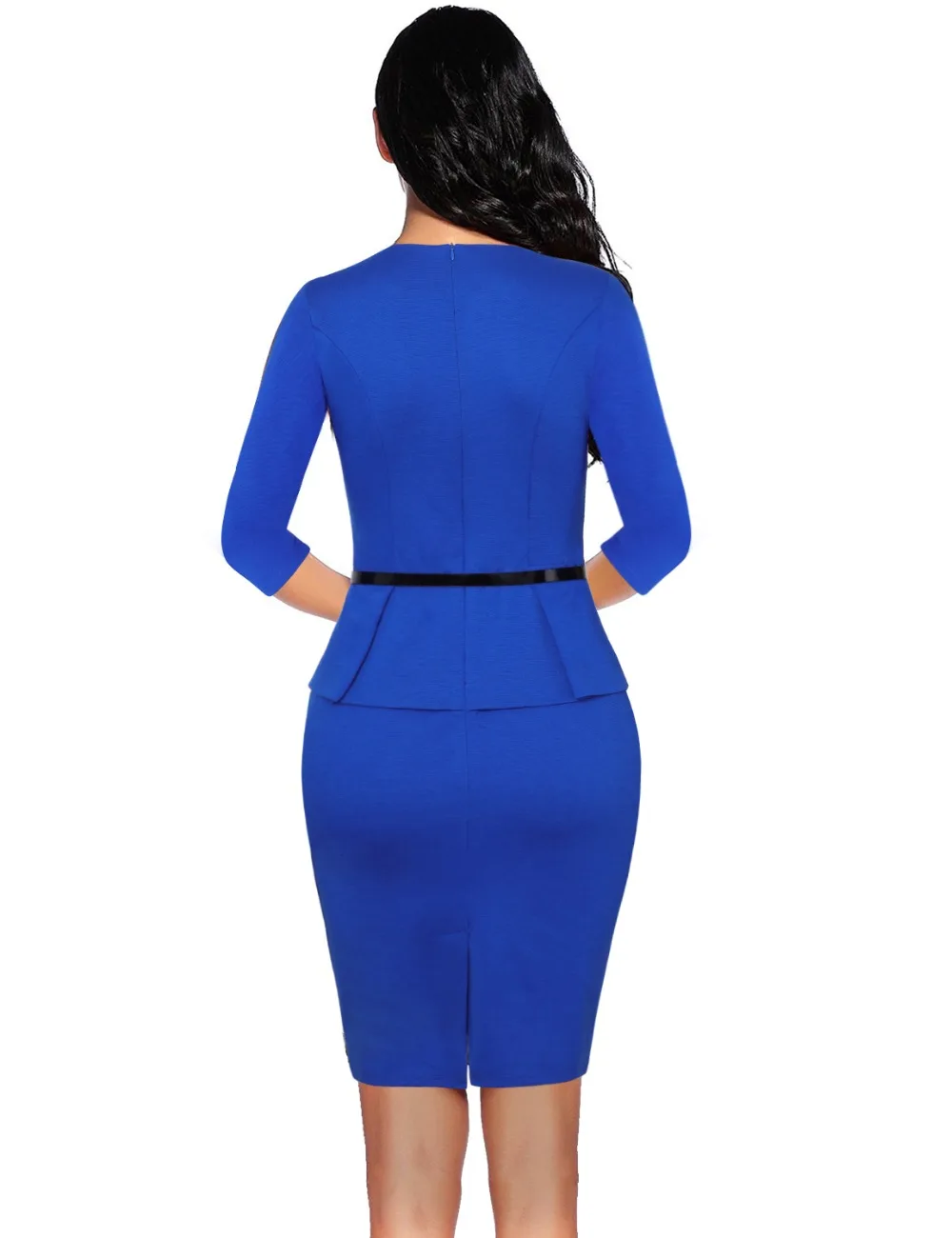 Летнее женское офисное платье-футляр синее серое винтажное с рукавом 3/4 круглым