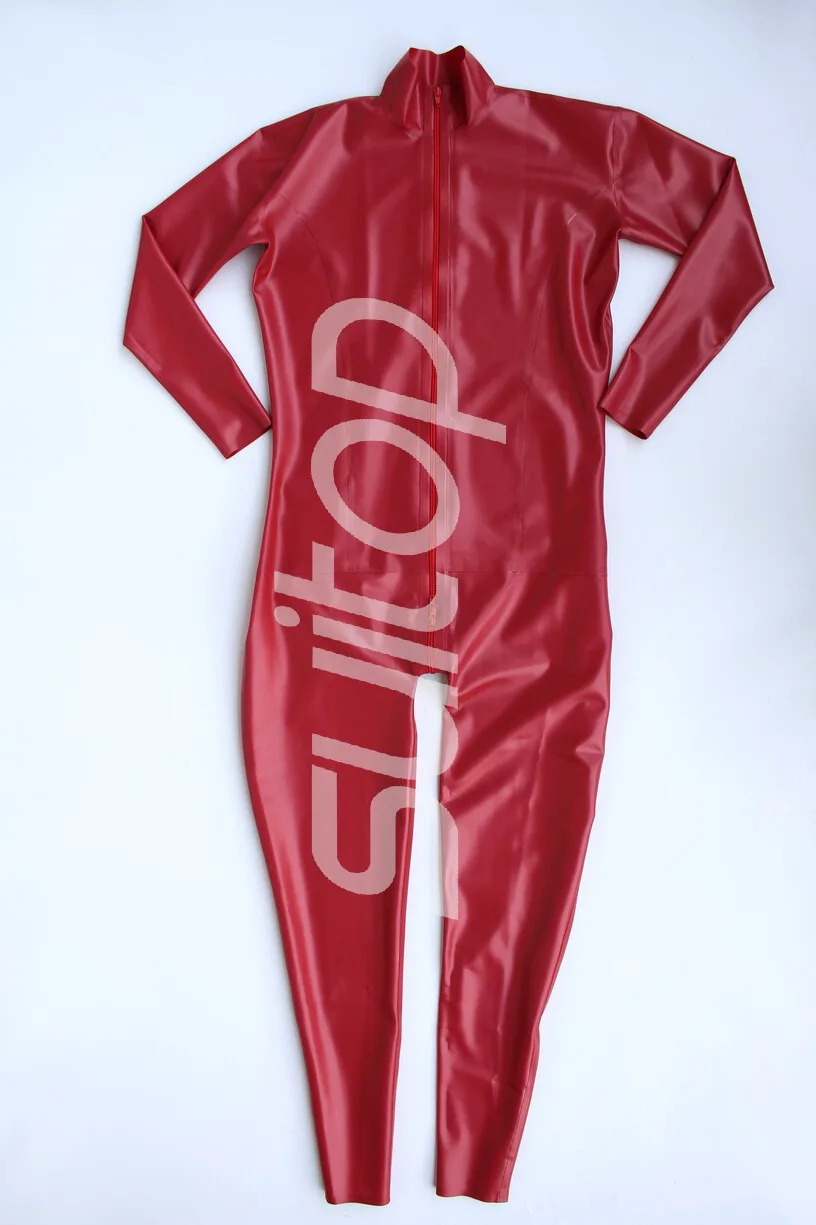 Suitop Latex Rubber jumpsuit in Metallic Red  color front zip to crotch