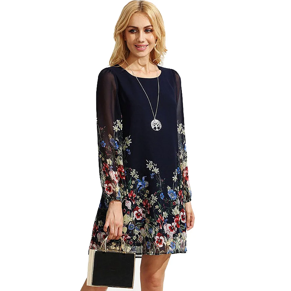 Женские 2018 летнее платье с длинными рукавами фонариками Цветочный принт