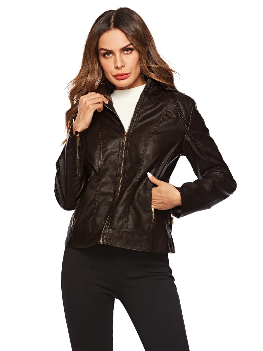 

Fashion brand short style velvet lining inside warm pu leather jackets female elegant brown long sleeve leather jacket wq671
