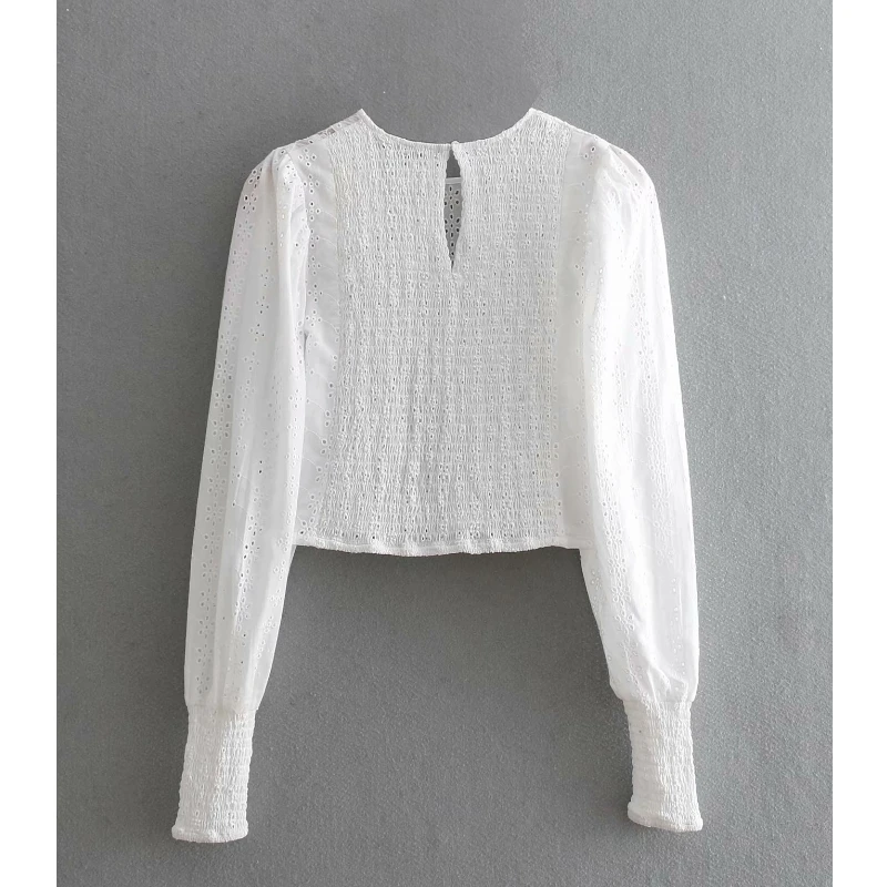 new women fashion long sleeve hollow out embroidery white blouse shirt blusas female elastic lace splice chemise tops LS3282 |