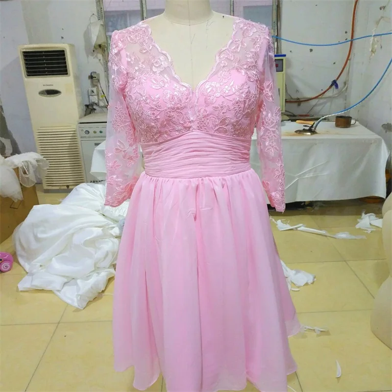 Новинка платья подружки невесты с рукавами элегантное розовое платье V-образным