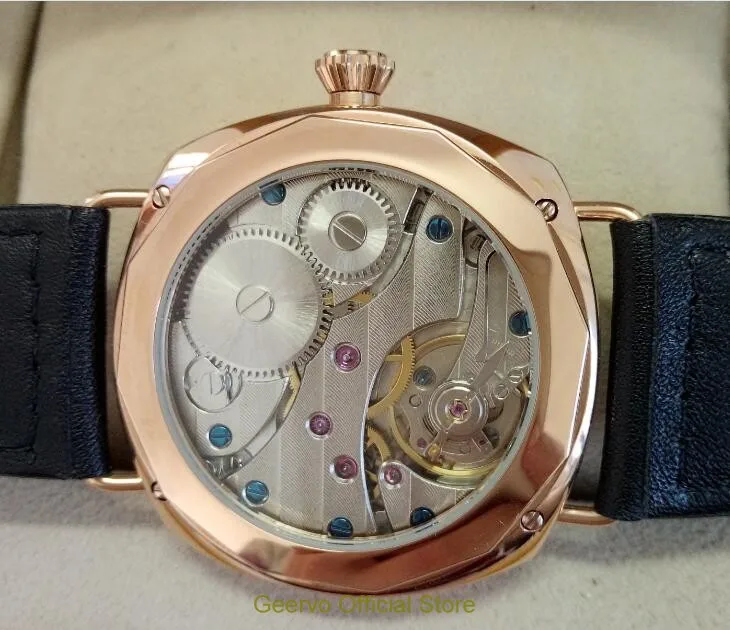 45 мм GEERVO с черным циферблатом Азиатский 6497 17 jewels механические мужские часы с изогнутым механизмом, розовое золото, чехол 067A