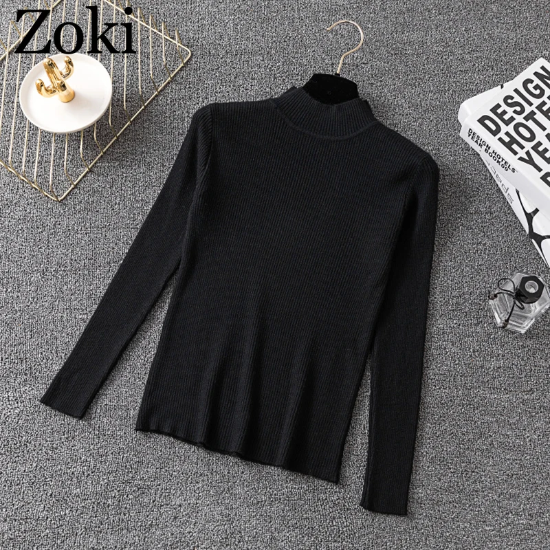 Zoki Autumn Warm Women Sweater Tight Half Turtleneck Elastic Solid Knitted Korean Pullovers Top Long Sleeve Winter Basic Jumper | Женская