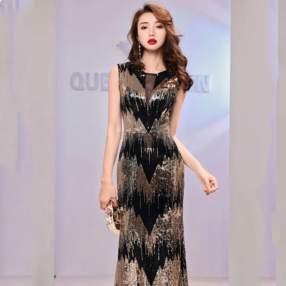 Женское длинное платье русалка элегантное с Черными Блестками в стиле