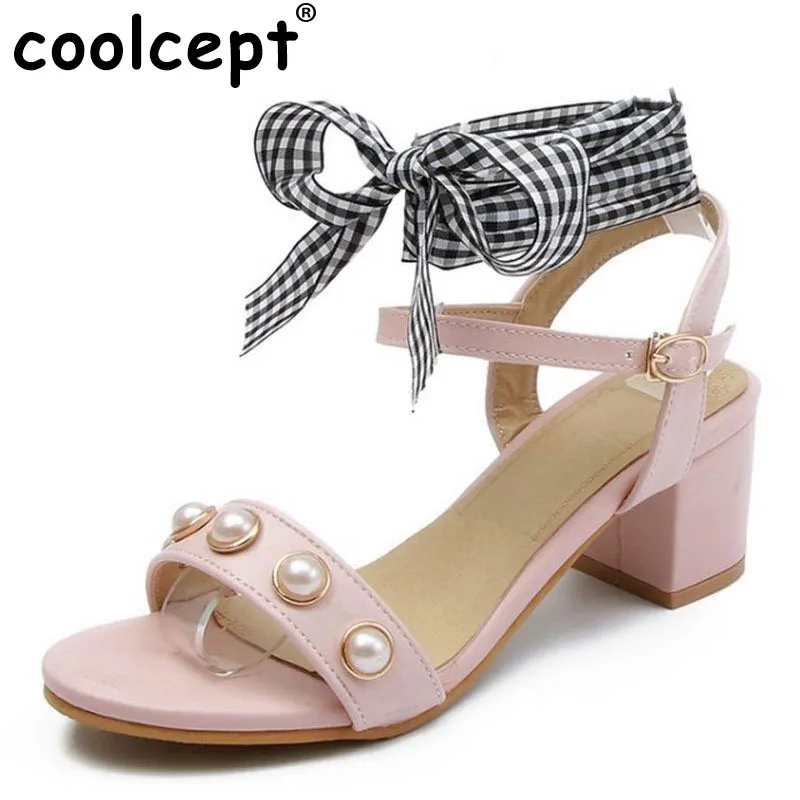 Coolcept Vintage Women High Heel Sandals Beading Cross Strap Thick Summer Party Shoes Footwears Size 34-39 | Обувь