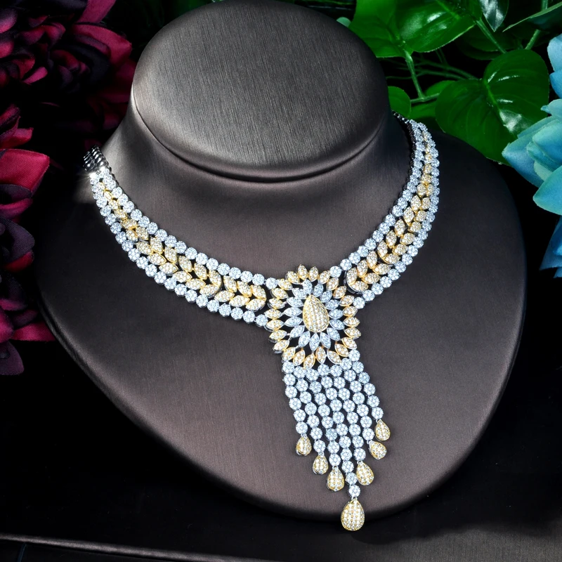 ?? HIBRIDE ビッグ 4 本フルマイクロキュービックジルコニア女性ウェディングドレスチョーカーネックレスイヤリングジュエリーセットウェディング N-863