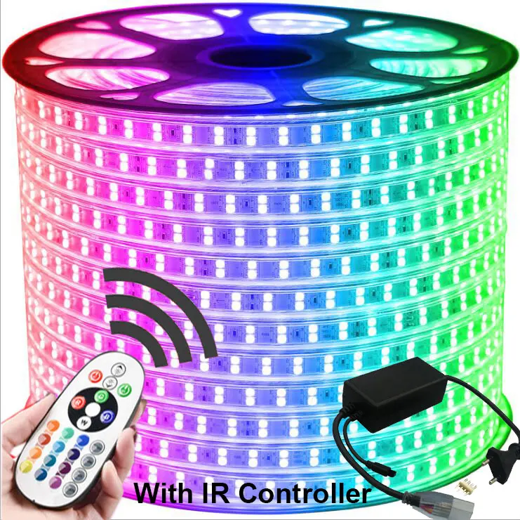 IR Controller 13-30 м двухрядная RGB Светодиодная лента 96 Светодиодный s/M 5050 220V светильник для изменения цвета IP67 Водонепроницаемый Светодиодный светильник+ ИК-контроль Bluetooth - Испускаемый цвет: IR Controller
