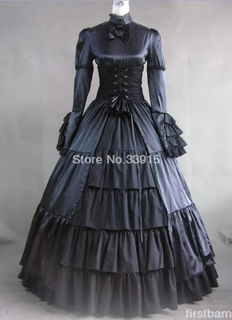Черное платье из хлопка и сатина готическое в викторианском стиле колониальной