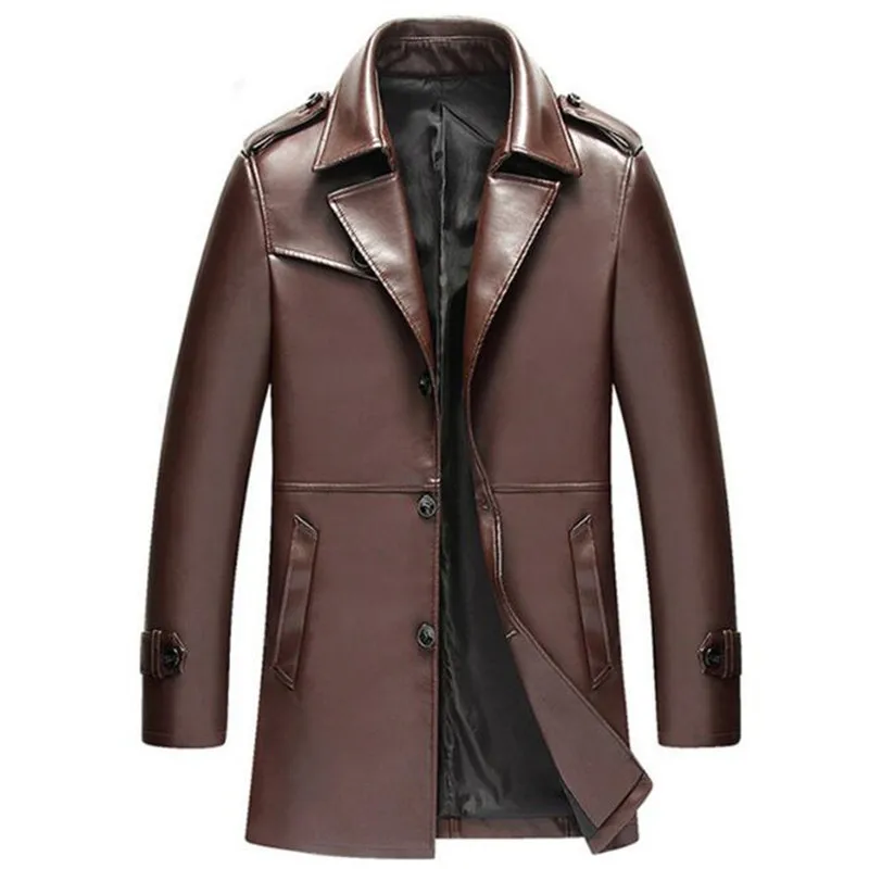 Мужской классический Тренч из искусственной кожи Длинный Облегающий с отложным