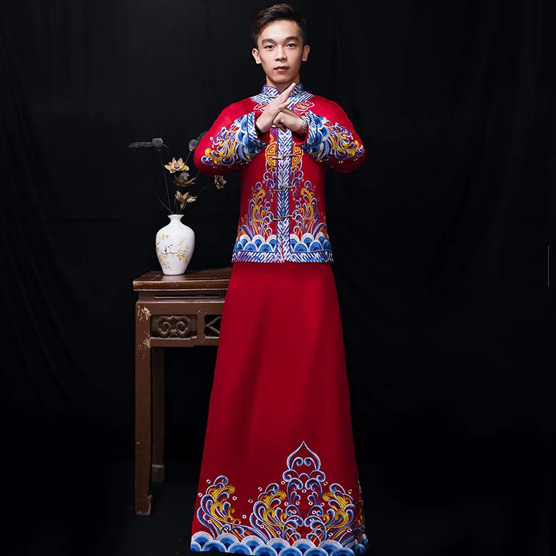 Жених Винтаж Свободные Cheongsam Традиционный китайский свадебное платье красный сатиновое платье-Ципао Вышивка Дракон костюм Vestido Oriental мужские - Цвет: RED DRESS
