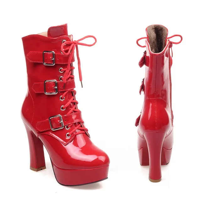 YMECHIC Pu Patent Leather Buckle Strap Lace Up High Heel Motorcycle Boots Women Winter Platform Ladies Goth Shoes Plus Size