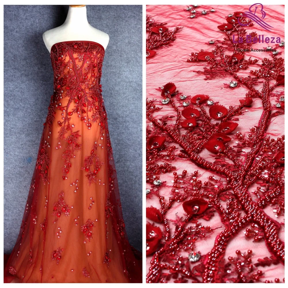 

La Belleza handmade beaded crystal wine/black/off white 3D flowers evening ddress lace fabric 1 yard